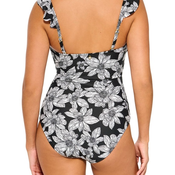 Crown & Ivy NWT Floral Black and White Ruffle Strap One Piece Small Swimsuit - Picture 2 of 12